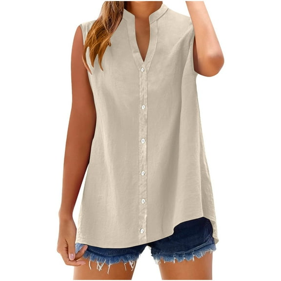 Ltctricy Women's Sleeveless Button down Shirts Pluis Size Cotton Linen Mock V Neck Basic Tank Tops Loose Casual Cami Shirts