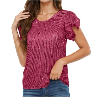 Ltctricy Women's Sparkly Party Tops Casual Crew Neck Ruffle Short Sleeve Shinny Dressy Blouses Glitter Club Shirts