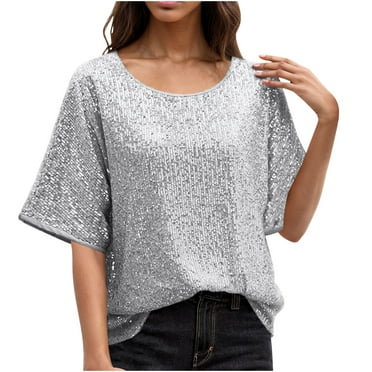 Ltctricy Women's Sparkly Tops Loose Casual Crew Neck Short Sleeve Glitter Dressy Blouses Club Party Shirts