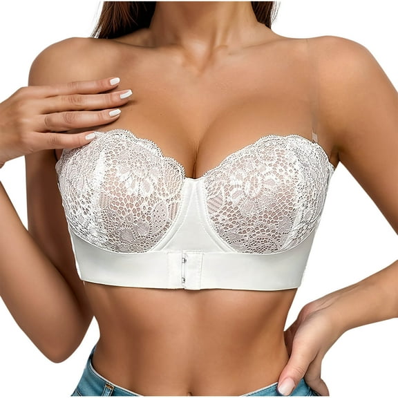 Ltctricy Women's Strapless Bras Front Closure Lace Full Coverage Supportive Push up Tube Bralettes Seamless Bandeau Bras