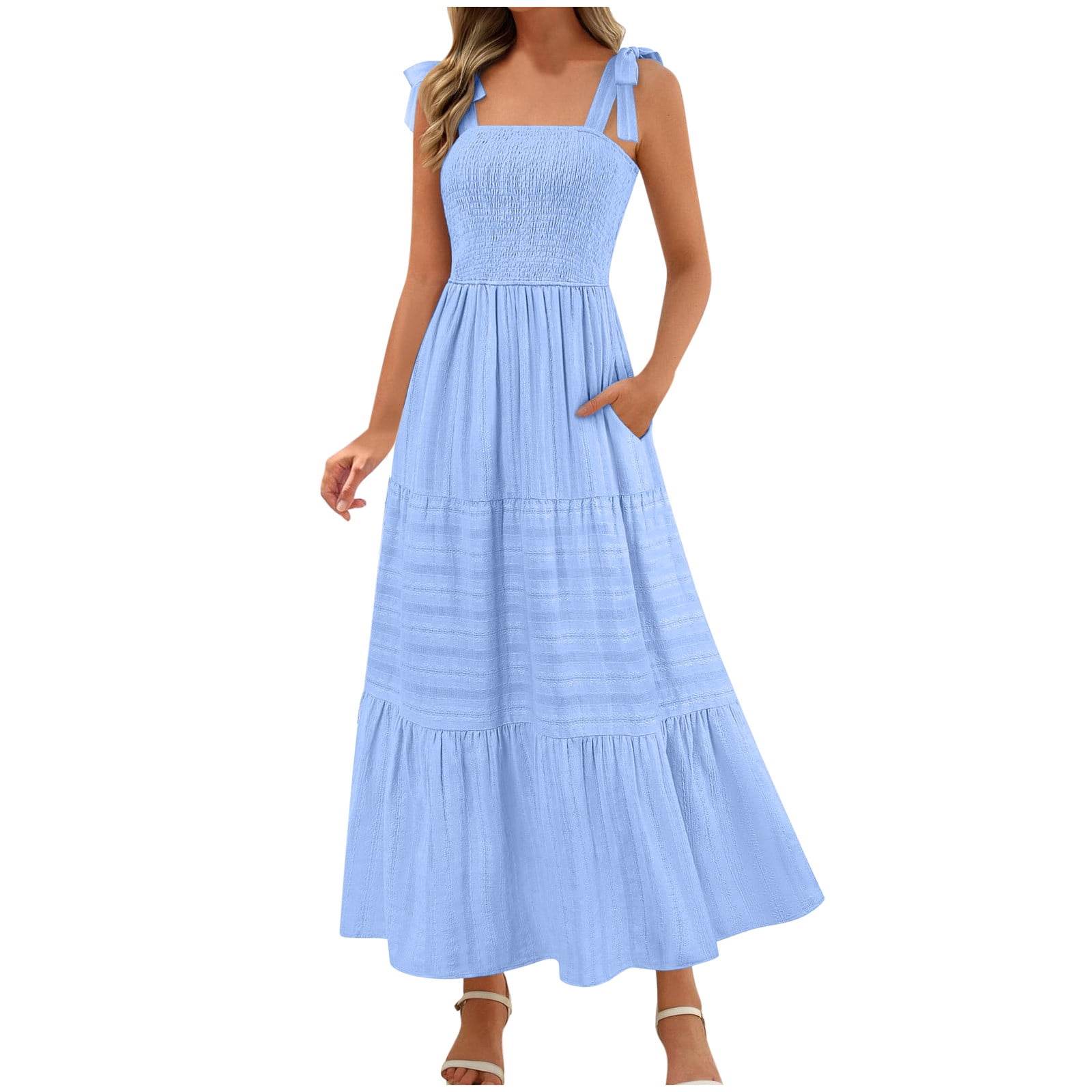 Ltctricy Women's Summer Dresses Mesh Spaghetti Strap Tie Shoulder Square  Neck Pleated Tiered Midi Dress Flowy Casual Dresses - Walmart.com