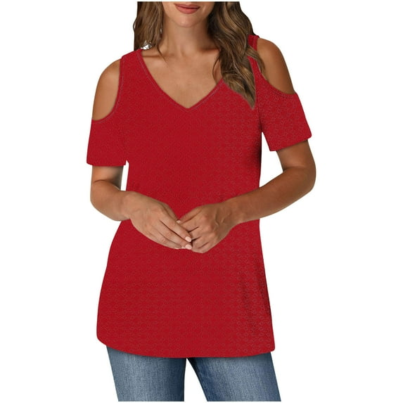 Ltctricy Women's Summer Tops Trendy Cold Shoulder Short Sleeve V Neck Eyelet Embroidered T Shirts Casual Tunic Blouses