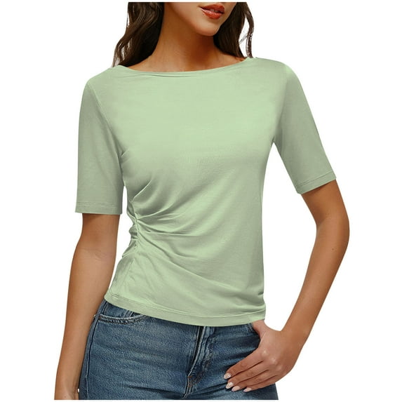Ltctricy Women's Summer Tops 2025 Trendy Short Sleeve Boat Neck Solid Color Pleated Soft Casual T Shirts Tunic Tee Blouses