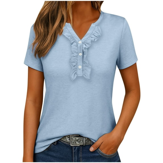 Ltctricy Women's Summer Tops 2025 Trendy Short Sleeve Ruffle V Neck Half Button Soft Casual T Shirts Tunic Tee Blouses