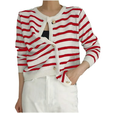 Ltctricy Women's Sweater Cardigan Casual Knit Striped Long Sleeve Outerwear Comfy Button Down Sweater Coat