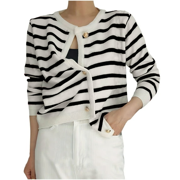 Ltctricy Women's Sweater Cardigan Casual Knit Striped Long Sleeve Outerwear Comfy Button Down Sweater Coat