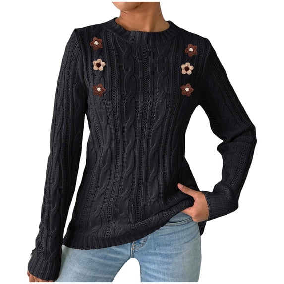 Ltctricy Women's Sweaters Long Sleeve Mock Neck Floral Embroidered Chunky Cable Knit Pullover Sweater Tops Soft Casual Jumpers(Black,Large)