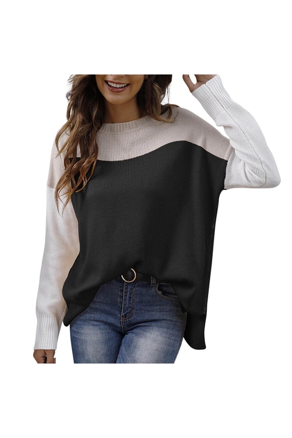Women's Sweaters Soft Casual Long Sleeve Crew Neck Color Block Side Split Knit Tops Loose Pullover Sweaters(Black,Small)