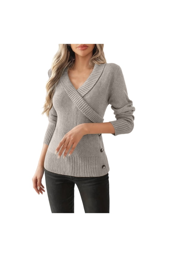 Women's Sweaters Soft Casual Long Sleeve Crossover V Neck Side Button Slim Knit Pullover Sweater Tops Trendy Tunic Sweaters(Gray,X-Large)