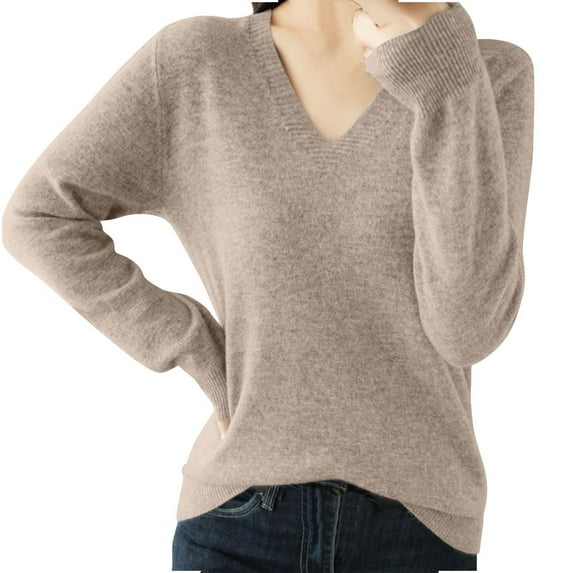 Ltctricy Women's Sweaters Trendy V Neck Long Sleeve Solid Color Pullover Knit Tops Loose Casual Tunic Sweaters(Khaki,X-Large)