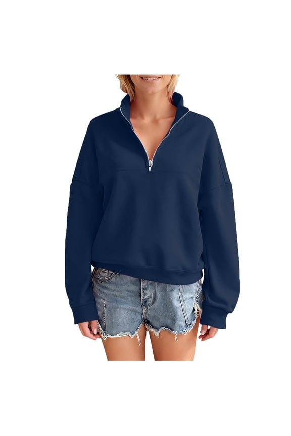 Women's Sweatshirts Fall Fashion Long Sleeve Half Zip Collared Loose Pullover Sweatshirt Tops Casual Winter Clothes(Blue,XX-Large)