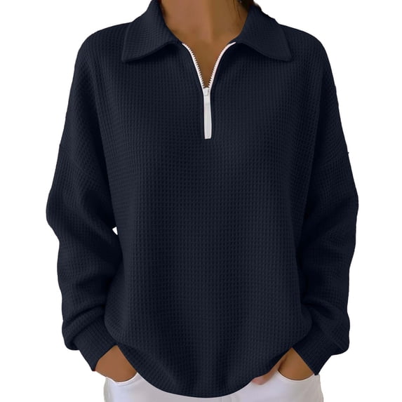 Ltctricy Women's Sweatshirts Long Sleeve Quarter Zip Collared Textured Knit Pullover Sweater Tops Casual Fashion Clothes(Navy,X-Large)