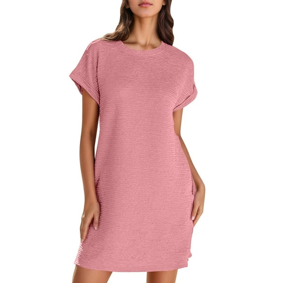 Ltctricy Women's T Shirt Dress Solid Color Short Sleeve Crew Neck Tunic Dress Summer Casual Mini Dresses with Pockets