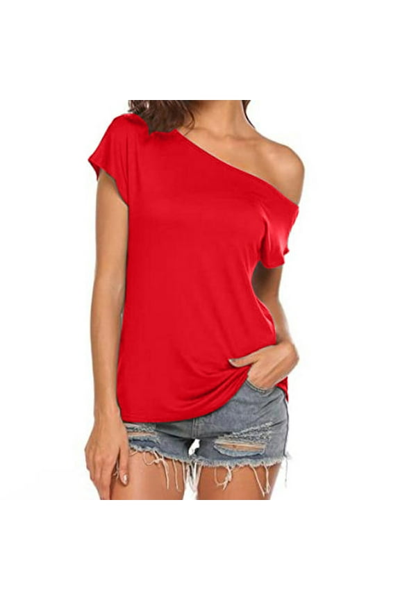 Women's T Shirts Asymmetrical Neck off One Shoulder Short Sleeve Tunic Tops Trendy Casual Tee Blouses