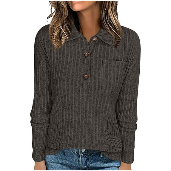 Ltctricy Women's T Shirts Long Sleeve V Neck Half Button Collared Ribbed Knit Tunic Tops Soft Casual Tee Blouses with Pocket(Gray,Large)
