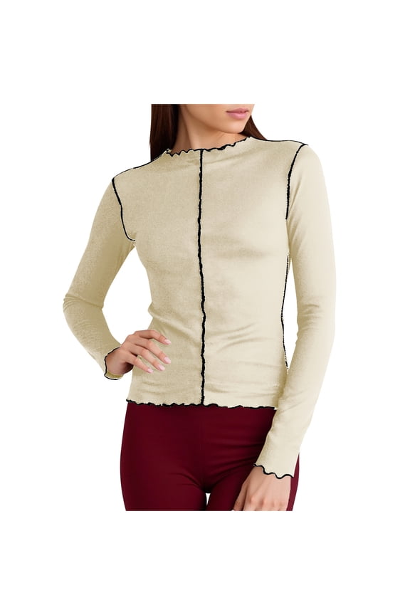 Women's T Shirts for Fall Winter Long Sleeve Mock Neck Ruffle Trim Slim Base Layer Tops Comfy Tight Undershirts(Yellow,X-Large)