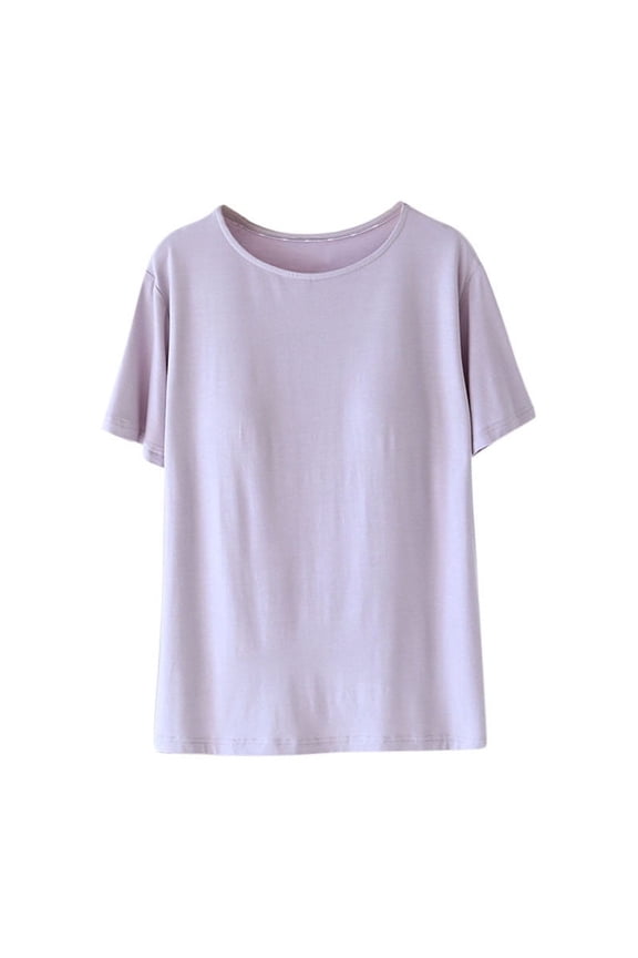 Women's T-Shirts with Built in Bra short sleeve crew neck soft comfy pajama tops casual loose tee blouses