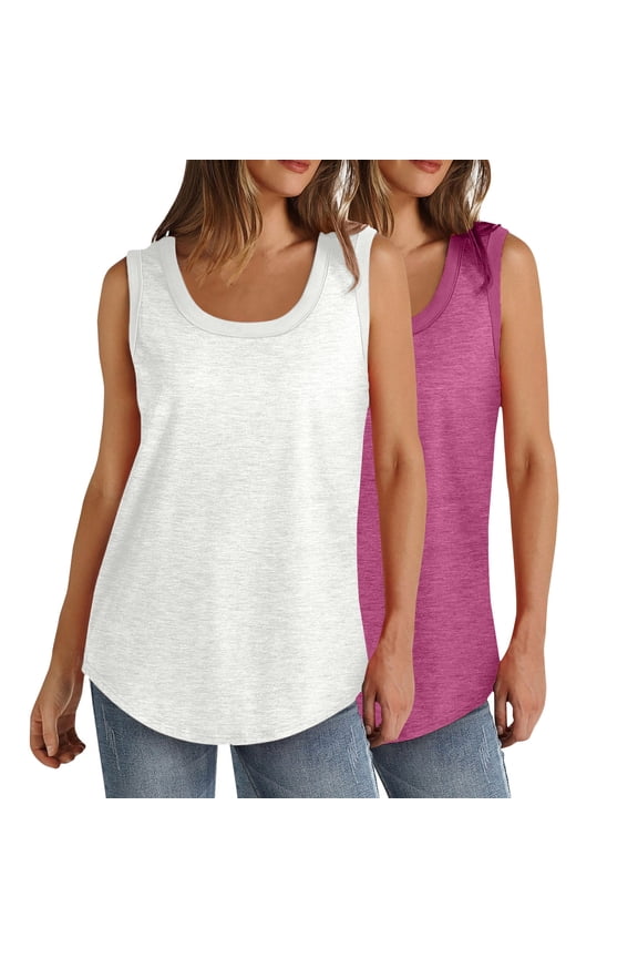 Women's Tank Tops 2 Pc Plus Size Scoop Neck Curved Hem Soft Casual Sleeveless Shirts Loose Tunic Blouses