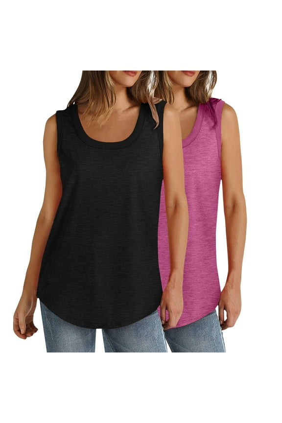 Women's Tank Tops 2 Pc Plus Size Scoop Neck Curved Hem Soft Casual Sleeveless Shirts Loose Tunic Blouses