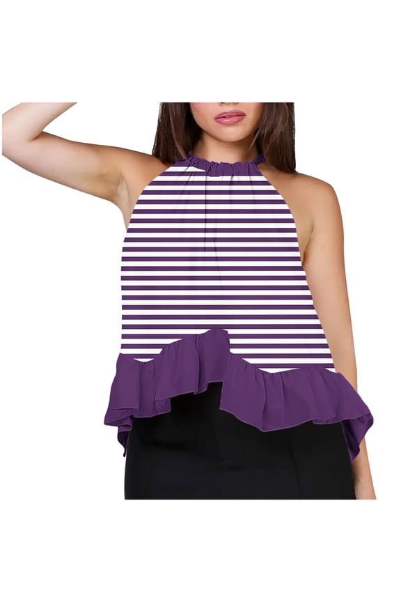 Women's Tank Tops Sleeveless Adjustable Tie Neckline Ruffle Hem Striped Flowy Halter Tops Casual Loose Camisole Shirts
