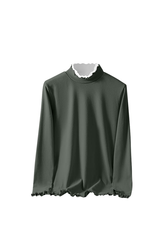 Women's Thermal Shirts Fall Winter Long Sleeve Mock Neck Ruffle Trim Fleece Warm T Shirts Base Layer Tops(Army Green,X-Large)
