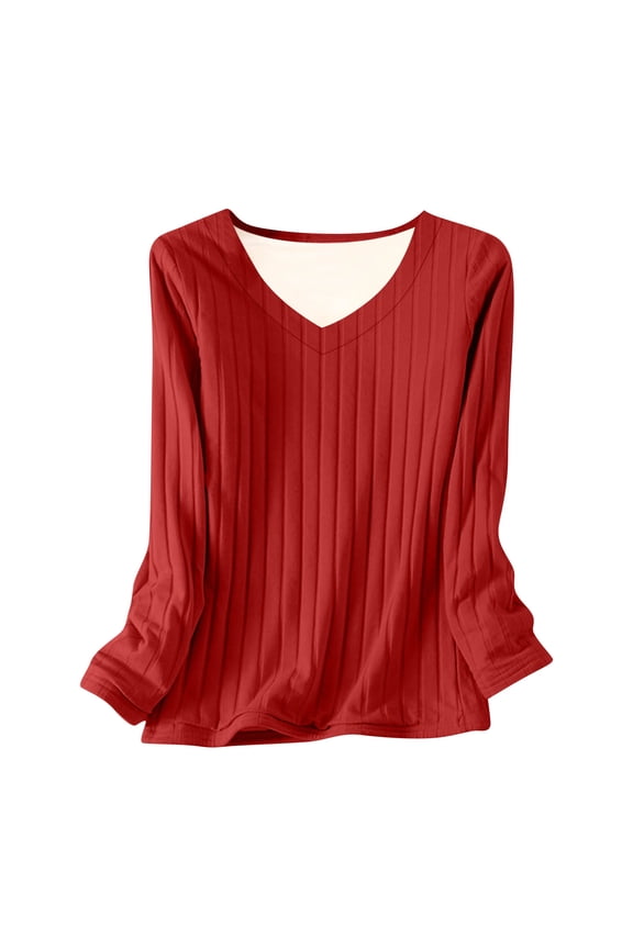 Women's Thermal Shirts Fashion Long Sleeve V Neck Fleece Lined Base Layer Undershirts Pullover Sweater Tops(Red,XX-Large)