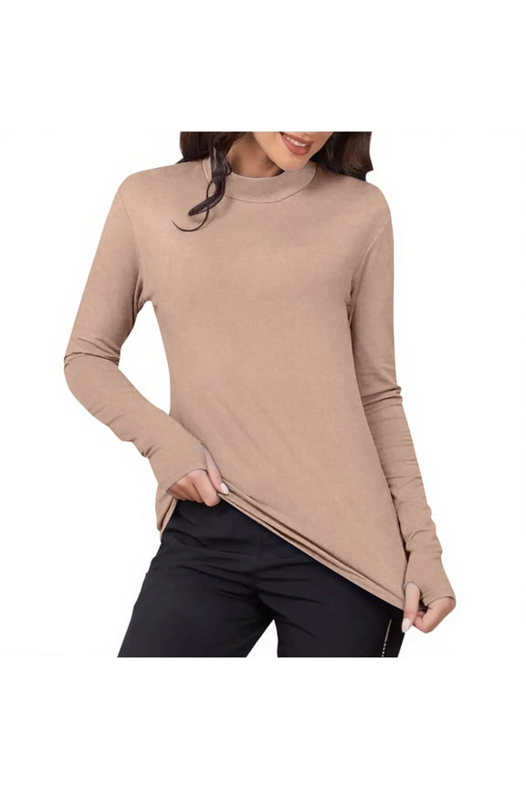 Women's Thermal Tops Soft Fleece Long Sleeve Mock Neck Base Layering T Shirts Basic Warm Undershirts(Khaki,Medium)
