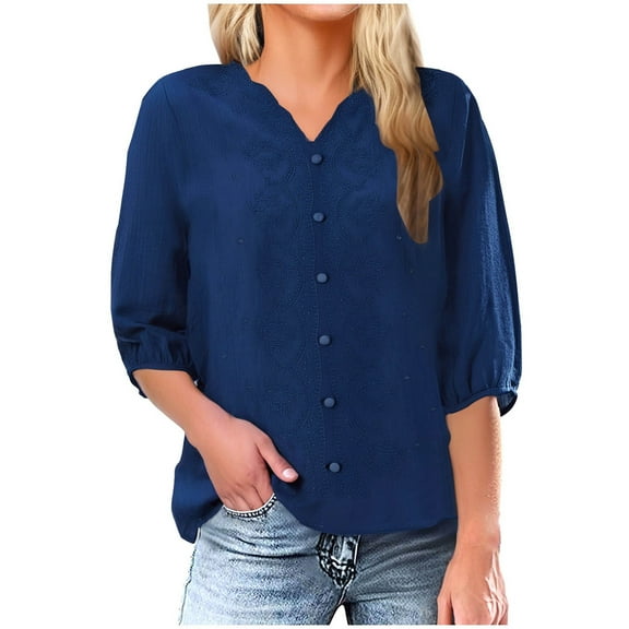 Ltctricy Women's Tops 2025 Spring Summer V Neck 3/4 Length Sleeve Solid Color Embroidered Shirts Loose Casual Blouses