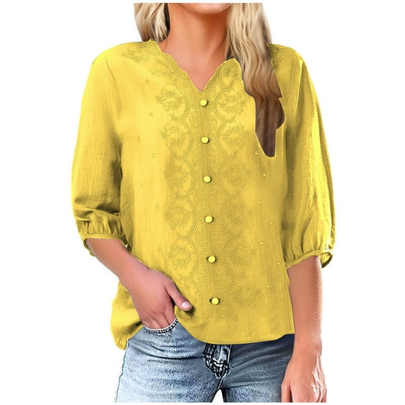 Ltctricy Women's Tops 2025 Spring Summer V Neck 3/4 Length Sleeve Solid Color Embroidered Shirts Loose Casual Blouses