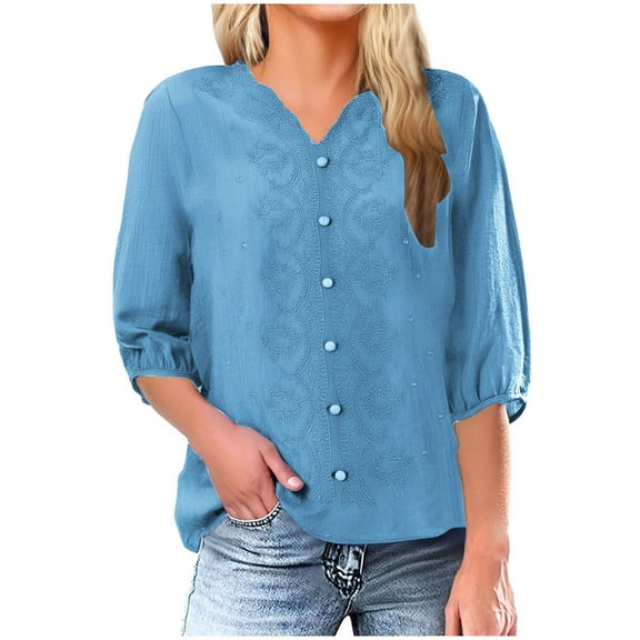 Ltctricy Women's Tops 2025 Spring Summer V Neck 3/4 Length Sleeve Solid Color Embroidered Shirts Loose Casual Blouses