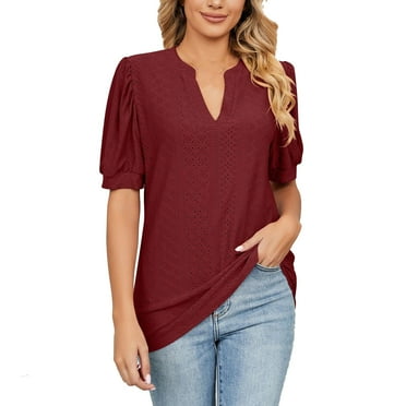 Ltctricy Women's Tops 2025 Summer Spring V Neck Puff Short Sleeve Eyelet Embroidery T Shirts Dressy Casual Blouses