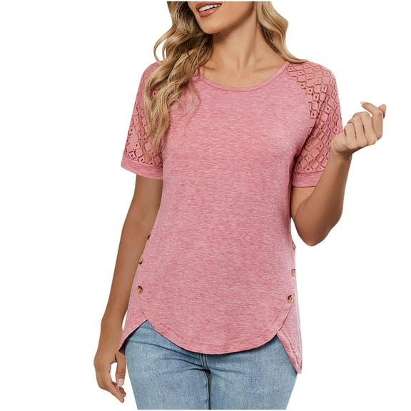 Ltctricy Women's Tops Trendy Lace Short Sleeve Crew Neck Asymmetrical Hem T Shirts Casual Tunic Blouses
