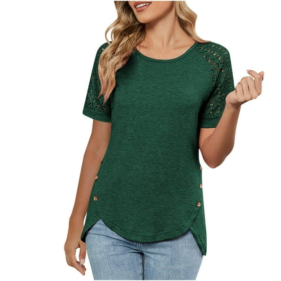 Ltctricy Women's Tops Trendy Lace Short Sleeve Crew Neck Asymmetrical Hem T Shirts Casual Tunic Blouses