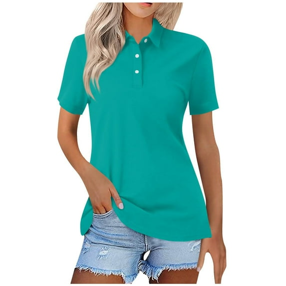 Ltctricy Women's Tops Trendy Solid Color Short Sleeve Quarter Button Lapel Collared Tunic T Shirts Business Casual Tees