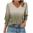 thumbnail image 1 of Ltctricy Women's Tops 205 Trendy Dressy Casual 3/4 Puff Sleeve V Neck Curved Hem Gradient T Shirts Loose Tunic Blouses, 1 of 4