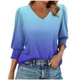thumbnail image 1 of Ltctricy Women's Tops 205 Trendy Dressy Casual 3/4 Puff Sleeve V Neck Curved Hem Gradient T Shirts Loose Tunic Blouses, 1 of 4
