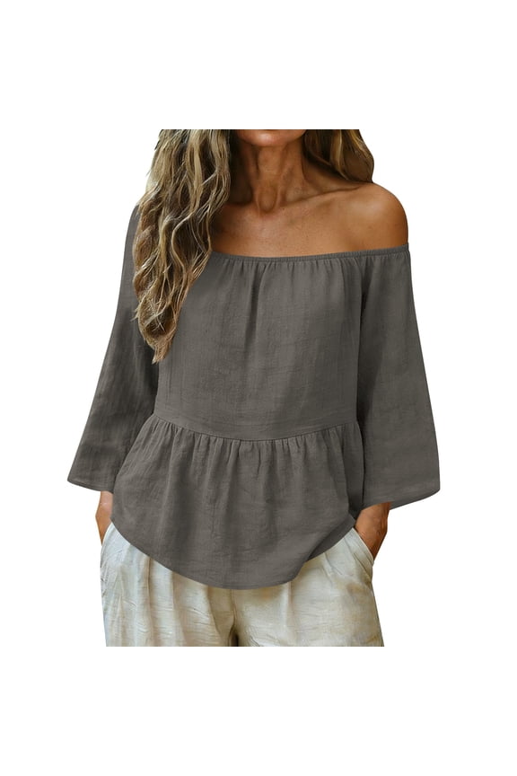 Women's Tops 3/4 Length Sleeve off the Shoulder Ruffle Hem Pleated T Shirts Fashion Casual Tees Loose Tunic Blouses