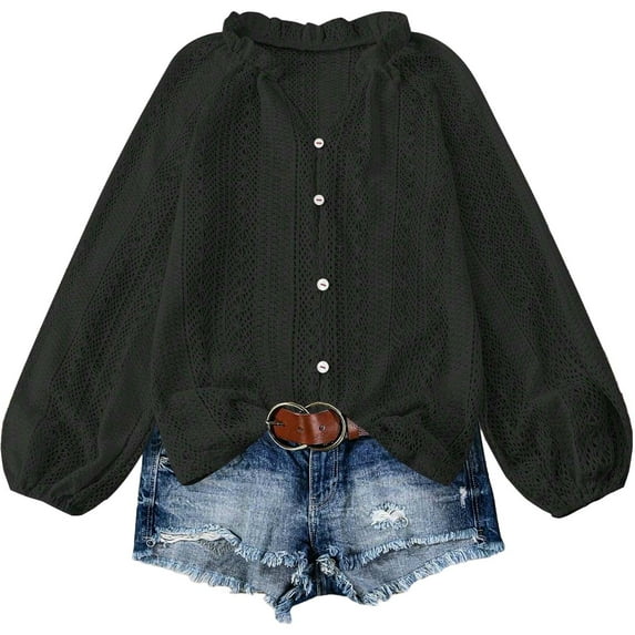 Ltctricy Women's Tops Trendy Lantern Long Sleeve V Neck Lace Hollow out Button down Shirts Loose Casual Blouses(Black,XX-Large)