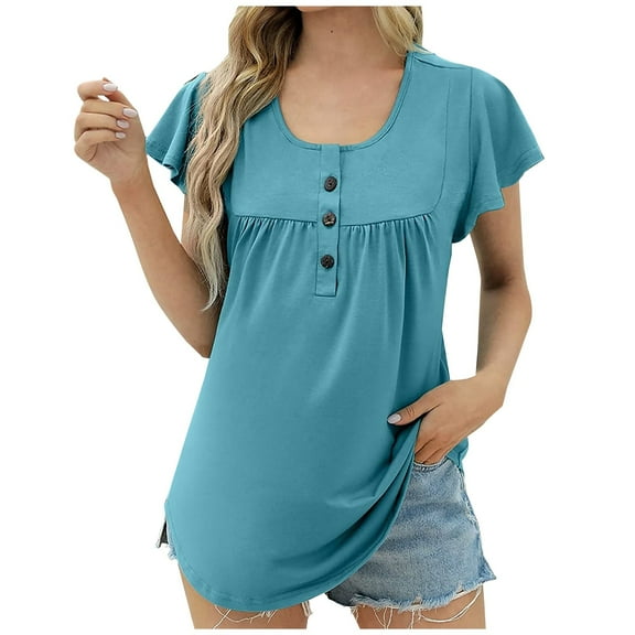 Ltctricy Women's Tunic Tops Crew Neck Half Button Pleated Short Sleeve Babydoll T Shirts Loose Casual Tee Blouses