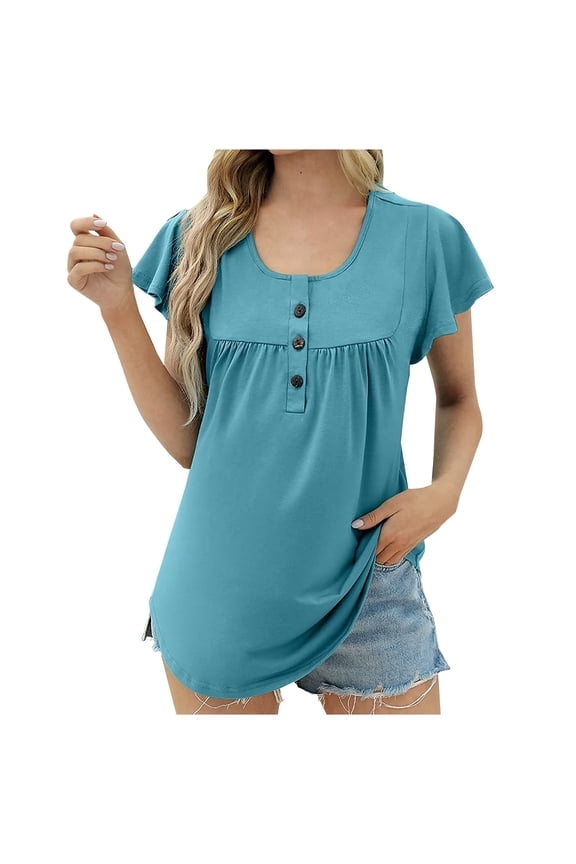 Women's Tunic Tops Crew Neck Half Button Pleated Short Sleeve Babydoll T Shirts Loose Casual Tee Blouses