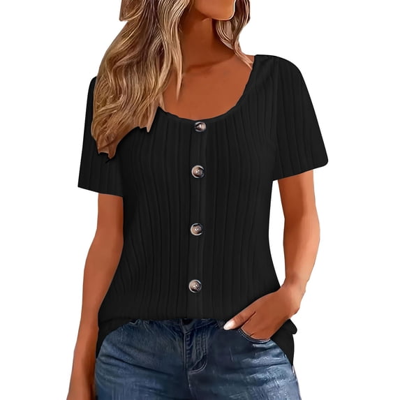 Ltctricy Women's Tunic Tops Plus Size Short Sleeve Scoop Neck Button Front Ribbed Knit T Shirts Loose Casual Tee Blouses