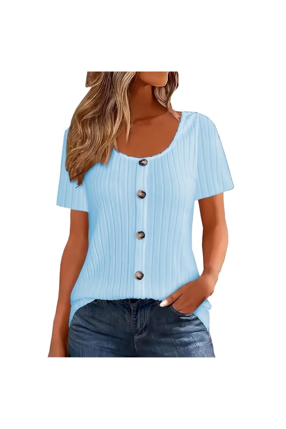 Women's Tunic Tops Plus Size Short Sleeve Scoop Neck Button Front Ribbed Knit T Shirts Loose Casual Tee Blouses