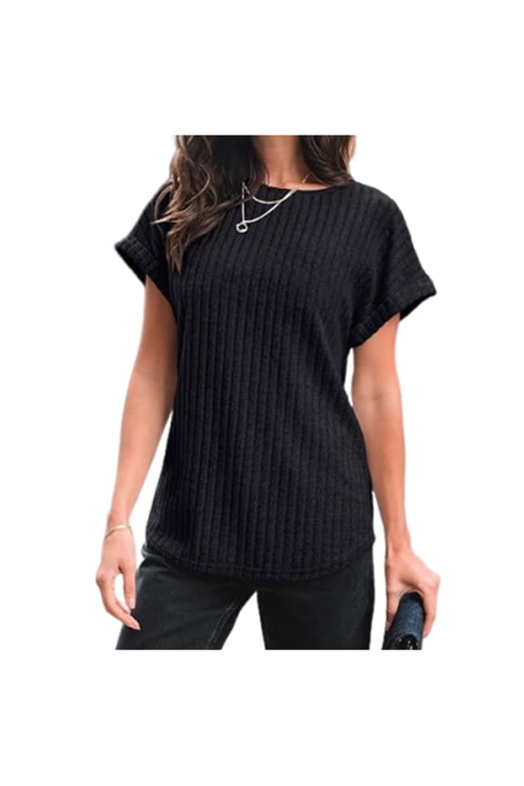 Women's Tunic Tops Rolled Short Sleeve Boat Neck Curved Hem Ribbed Knit T-Shirts Loose Casual Tee Blouses