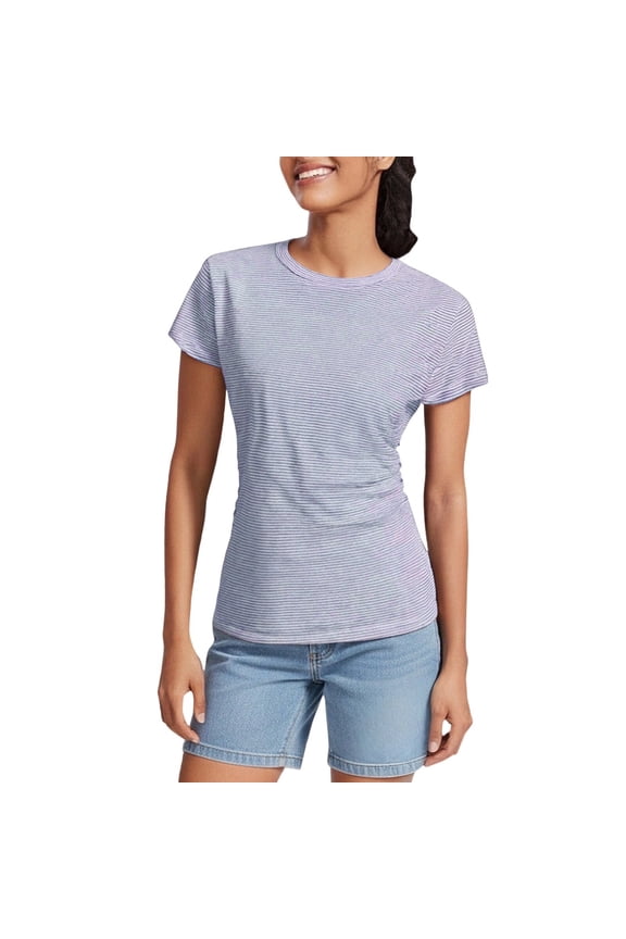 Women's Tunic Tops Short Sleeve Crew Neck Side Ruched Striped Knit Slim T Shirts Basic Casual Tees Soft Tight Blouses