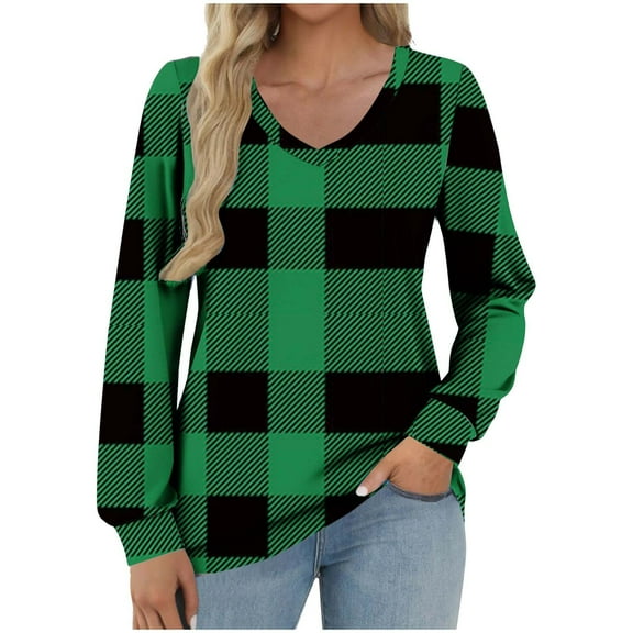 Ltctricy Women's Tunic Tops Trendy Lantern Long Sleeve V Neck Plaid T Shirts Loose Tee Blouses Casual Fashion Tees(Green,Medium)