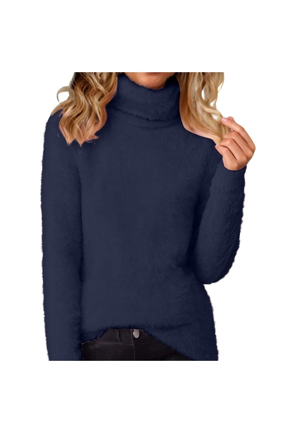 Women's Turtleneck Sweaters Fuzzy Fleece Long Sleeve Plus Size Pullover Sweater Tops Plush Warm Tunic Sweaters(Dark Blue,X-Large)