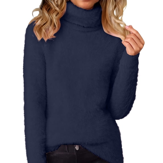 Ltctricy Women's Turtleneck Sweaters Fuzzy Fleece Long Sleeve Plus Size Pullover Sweater Tops Plush Warm Tunic Sweaters(Dark Blue,X-Large)