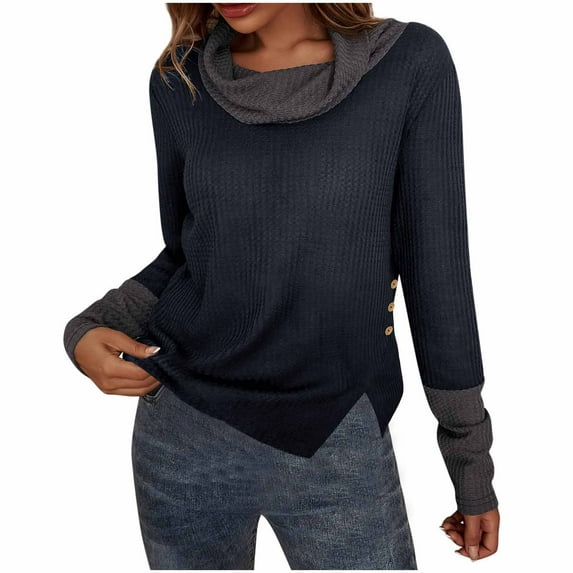Ltctricy Women's Turtleneck Sweaters Long Sleeve Cowl Neck Color Block Side Split Pullover Knit Tops Lightweight Casual Sweaters(Navy,X-Large)