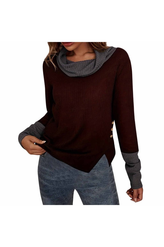 Women's Turtleneck Sweaters Long Sleeve Cowl Neck Color Block Side Split Pullover Knit Tops Lightweight Casual Sweaters(Wine,X-Large)