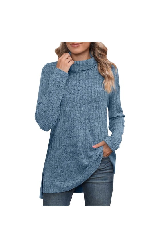 Women's Turtleneck Sweaters Long Sleeve Side Split High Low Hem Ribbed Knit Pullover Tops Soft Casual Tunic Sweaters(Blue,X-Large)